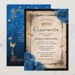 Königlich Blau Gold Aquarell Elegante Quinceanera Einladung