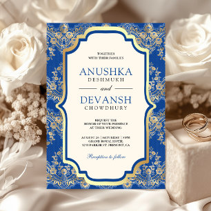Königlich Blau Goldene Spitze Indische Hochzeit Einladung