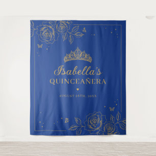 Königlich Blau und Gold Florale Quinceañera Wandteppich