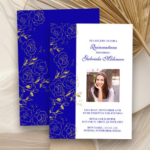 Königlich Blau und Gold Quinceanera Elegantes Foto Einladung