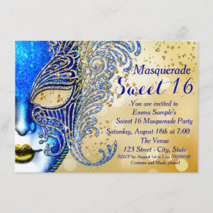 Königlich Blau und Gold Sweet 16 Maskenball-Party Einladung