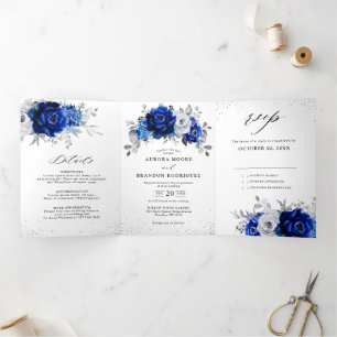 Königlich Blau Weiße Metallic Silber Blumen Hochze Dreifach Gefaltete Ankündigung