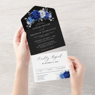 Königlich Blau Weiße Silber Metallische Florale Ho All In One Einladung