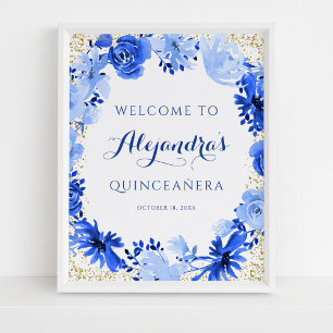Königlich blaue Aquarell-Blumen-Gold-Quinceanera Poster
