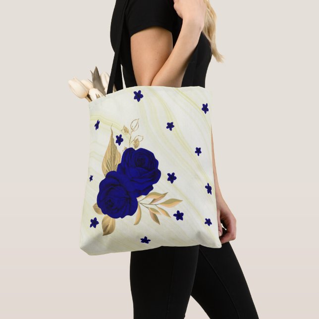 Königlich blaue Blumen goldene Blätter Marmortüte Tasche (Von Nahem)