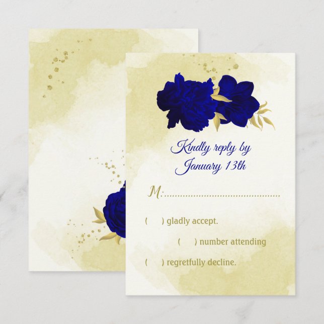 Königlich blaue Blumen goldene botanische Hochzeit RSVP Karte (Vorne/Hinten)