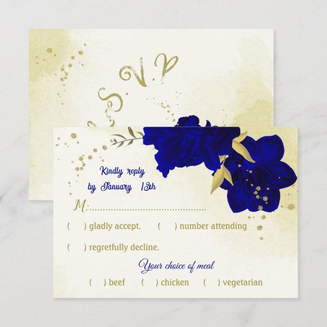Königlich blaue Blumen goldene botanische Hochzeit RSVP Karte (Vorne/Hinten)