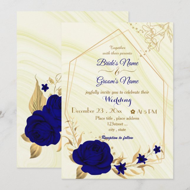 Königlich blaue Blumen goldene geometrische Hochze Einladung (Vorne/Hinten)