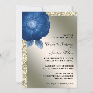 Königlich Blaue Blumen- & Silber-Glitter-Hochzeit Einladung