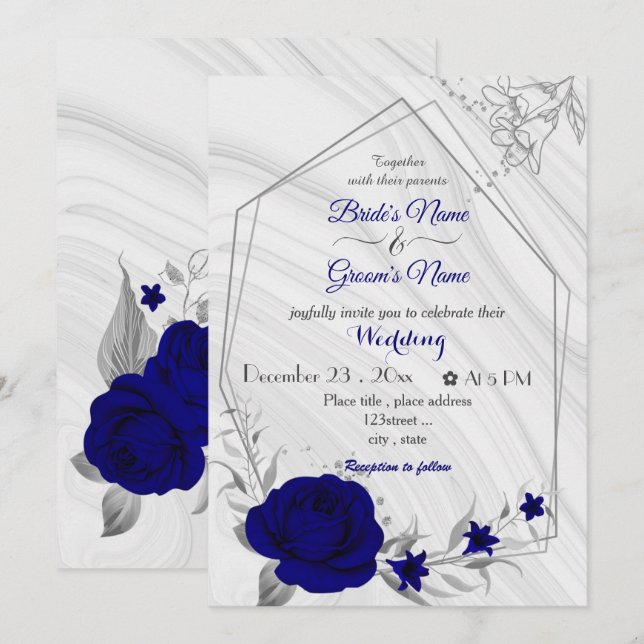 Königlich blaue Blumen silberne geometrische Hochz Einladung (Vorne/Hinten)