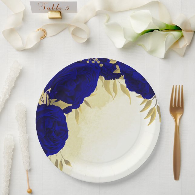 Königlich blaue Blüten - Blätter Hochzeit Pappteller (Hochzeit)