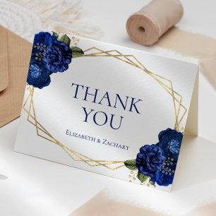 Königlich Blaue Florale Goldene Geometrische Weiße Dankeskarte