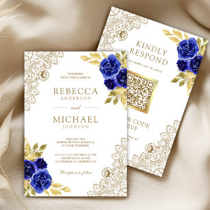 Königlich Blaue Florale Goldene Spitze Weiße QR-Co Einladung