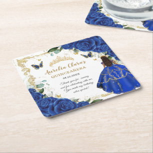 Königlich Blaue Florale Prinzessin Gold Quinceañer Rechteckiger Pappuntersetzer