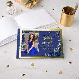 Königlich Blaue Florale Sweet 16 Sechzehn Geburtst Gästebuch