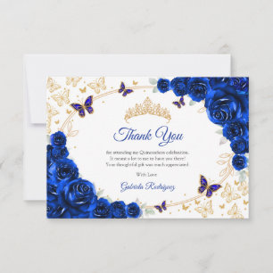 Königlich Blaue Goldene Florale Quinceanera Dankeskarte