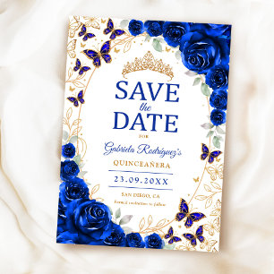 Königlich Blaue Goldene Florale Quinceanera Save The Date