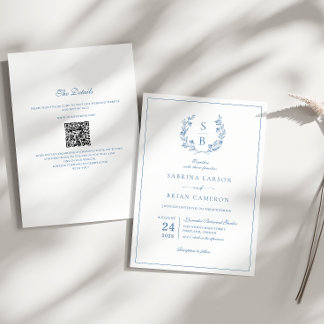 Königlich blaue Monogramm-Kranz-QR-Code-Hochzeit Einladung