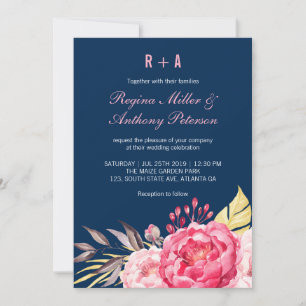 Königlich Blaue Pinke Blumen-Garten-Hochzeitseinla Einladung