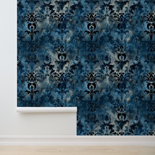 Königlich blaue, trendige Design Damast Luxus-Orna Tapete (Anwendung)