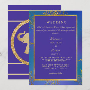 Königlich blaue und goldene farbenfrohe Hochzeitse Einladung