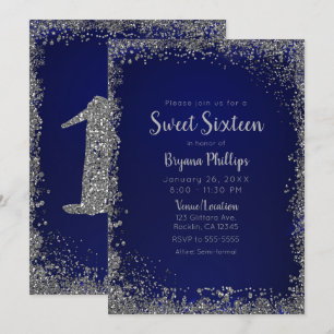 Königlich blaue und silberne Glitter-Glam-Süße-16- Einladung
