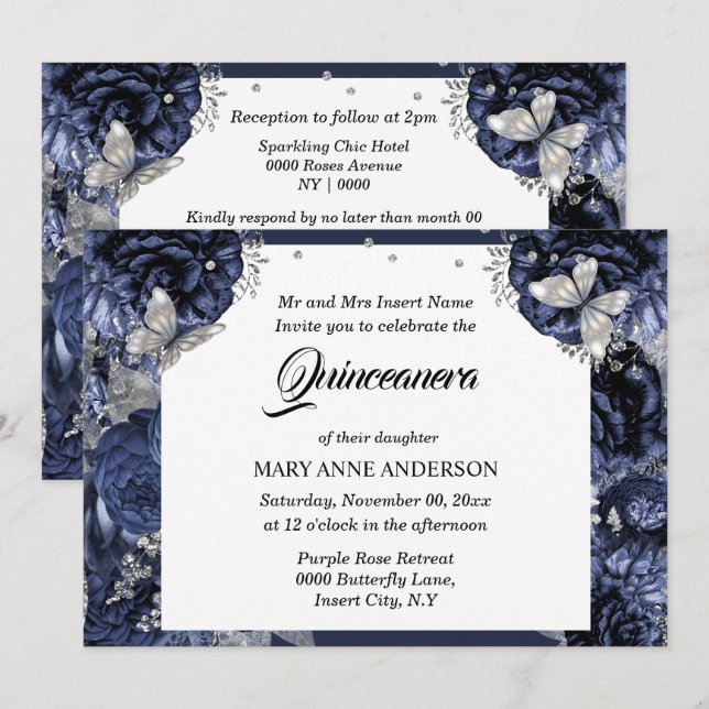 Königlich blauer Schmetterling Rose quinceanera Einladung (Vorne/Hinten)