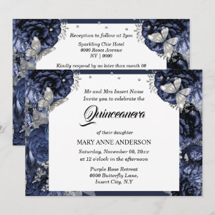 Königlich blauer Schmetterling Rose quinceanera Einladung