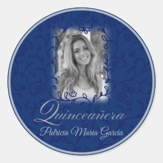 Königlich blaues Foto Quinceñera Blumenwein Runder Aufkleber