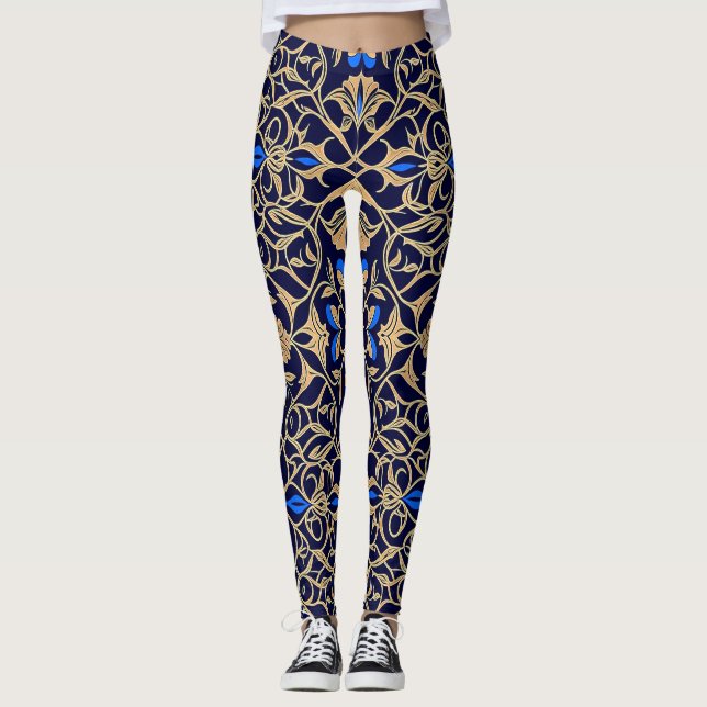 Königlich Blaues & Goldenes Florales Eleganzmuster Leggings (Vorderseite)
