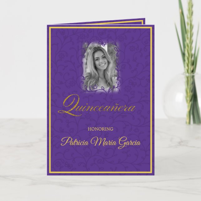 Königlich lila Blumenweine mit Foto quinceanera Karte (Vorderseite)