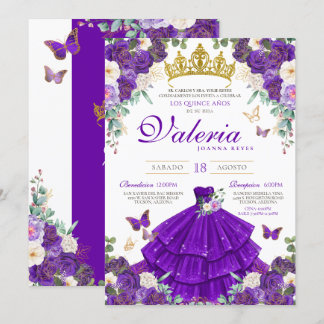 Königlich Lila Rose Butterfly Princess Quinceanera Einladung