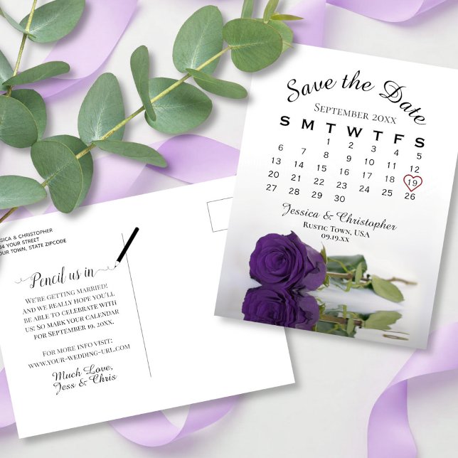 Königlich Lila Rose Hochzeitskalender Save the Dat Ankündigungspostkarte (back and front)