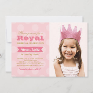 Königlich Rosa Gold Prinzessin Foto Mädchen Geburt Einladung
