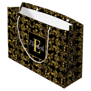 Königlich Schwarz & Gold Damast Blumen Custom Name Große Geschenktüte