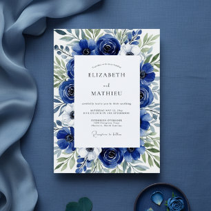 Königliche Blaue Florale Pinselstrich-Hochzeit Einladung