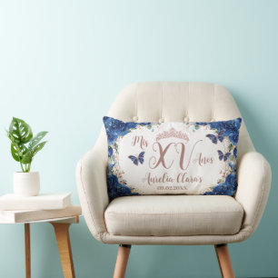 Königliche blaue florale Rose-Gold-Quinceañera-Kni Lendenkissen