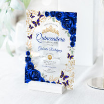 Königliche Blaue Goldene Florale Quinceanera
