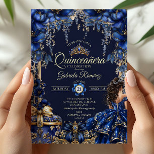 Königliche blaue goldene Tiara Floral Quinceañera Einladung