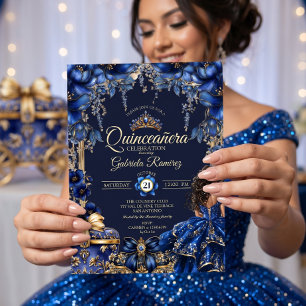 Königliche blaue goldene Tiara Floral Quinceañera Einladung