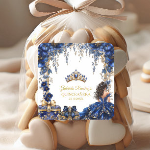 Königliche blaue goldene Tiara Floral Quinceañera Quadratischer Aufkleber