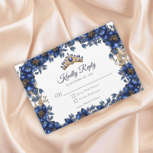 Königliche blaue goldene Tiara Floral Quinceañera RSVP Karte