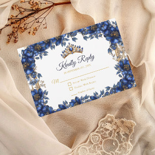 Königliche blaue goldene Tiara Floral Quinceañera RSVP Karte