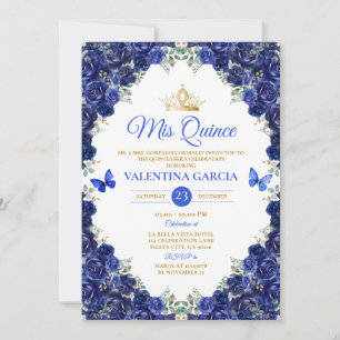 Königliche blaue Quinceañera 15 Jahre Blumen golde Einladung