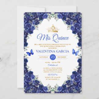 Königliche blaue Quinceañera 15 Jahre Blumen golde Einladung