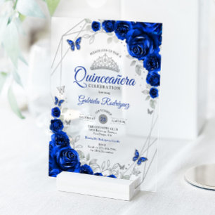Königliche Blaue Silber Blumen Quinceanera Acryleinladungen