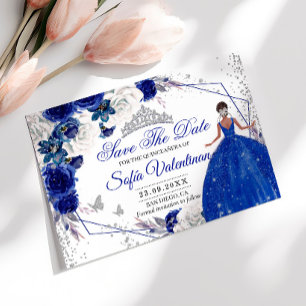 Königliche Blaue Silber Glitter Quinceañera Prinze Save The Date