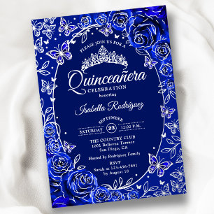 Königliche Blaue Silber Schmetterlinge Rosen Quinc Folieneinladung