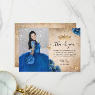 Königliche Blaue und Goldene Quinceañera-Foto-Gebu Dankeskarte