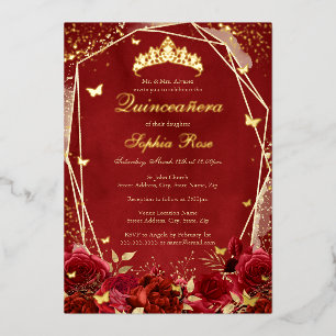 Königliche Blume Gold Rot Tiara Quinceanera  Folieneinladung